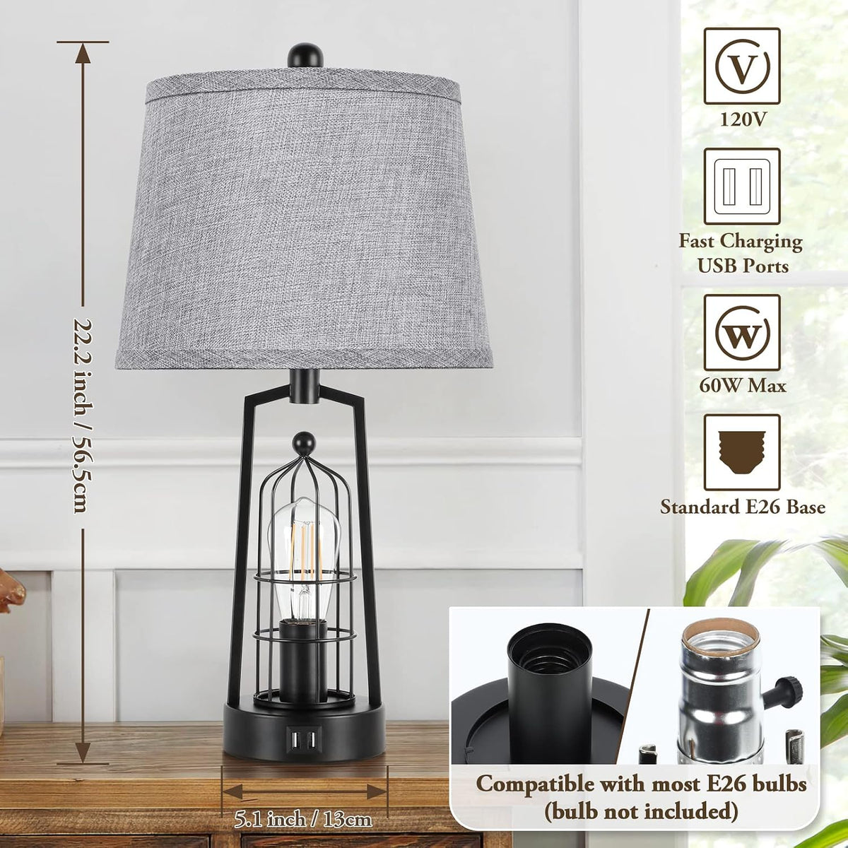 Farmhouse Table Lamps with 2 USB Ports, Set of 2 Rustic Industrial Desk Lamp ...