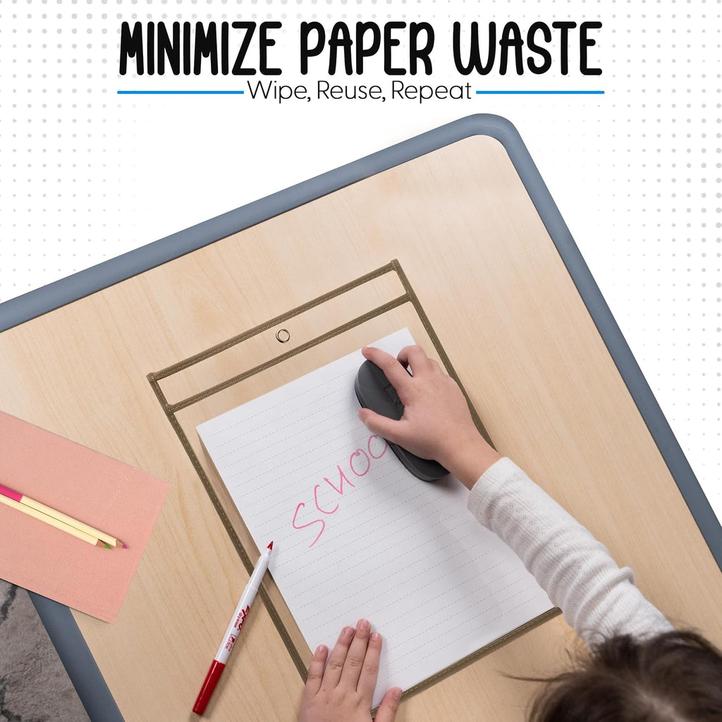 Essex Wares - 6 Pack, Tan Dry Erase Pockets, 10" Wide x 13.5" Tall | Water-Resistant, Dry Erase Pocket Document Protectors, Clear Plastic Sleeves, Reusable & Easy Erase, Job Ticket Holders