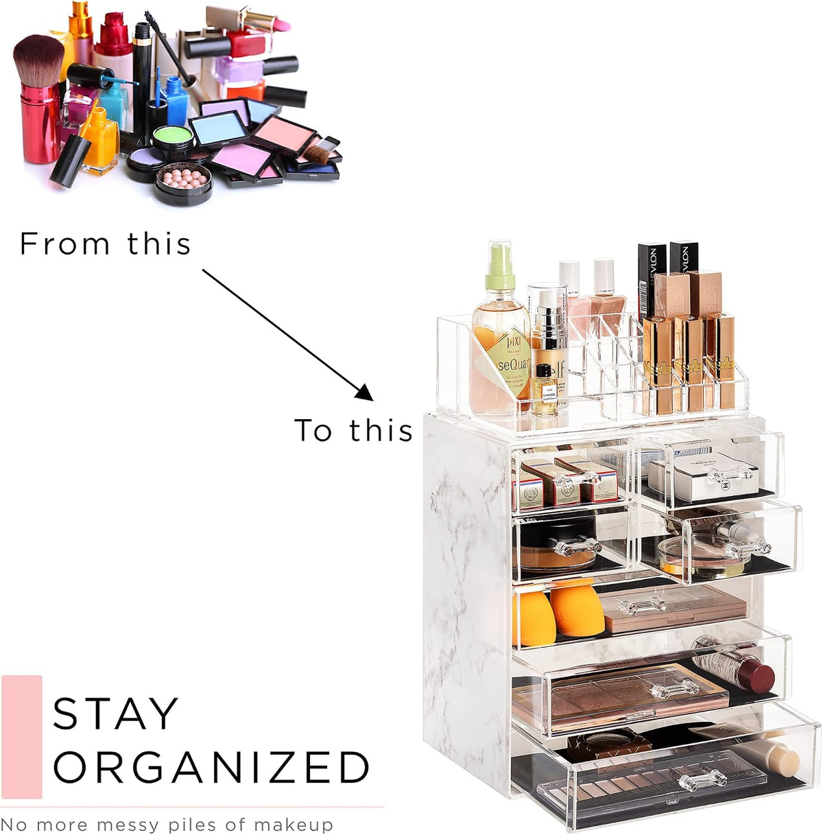 Sorbus Makeup Organizer, 7-Drawer Acrylic 2-Piece Set (Marble Print)