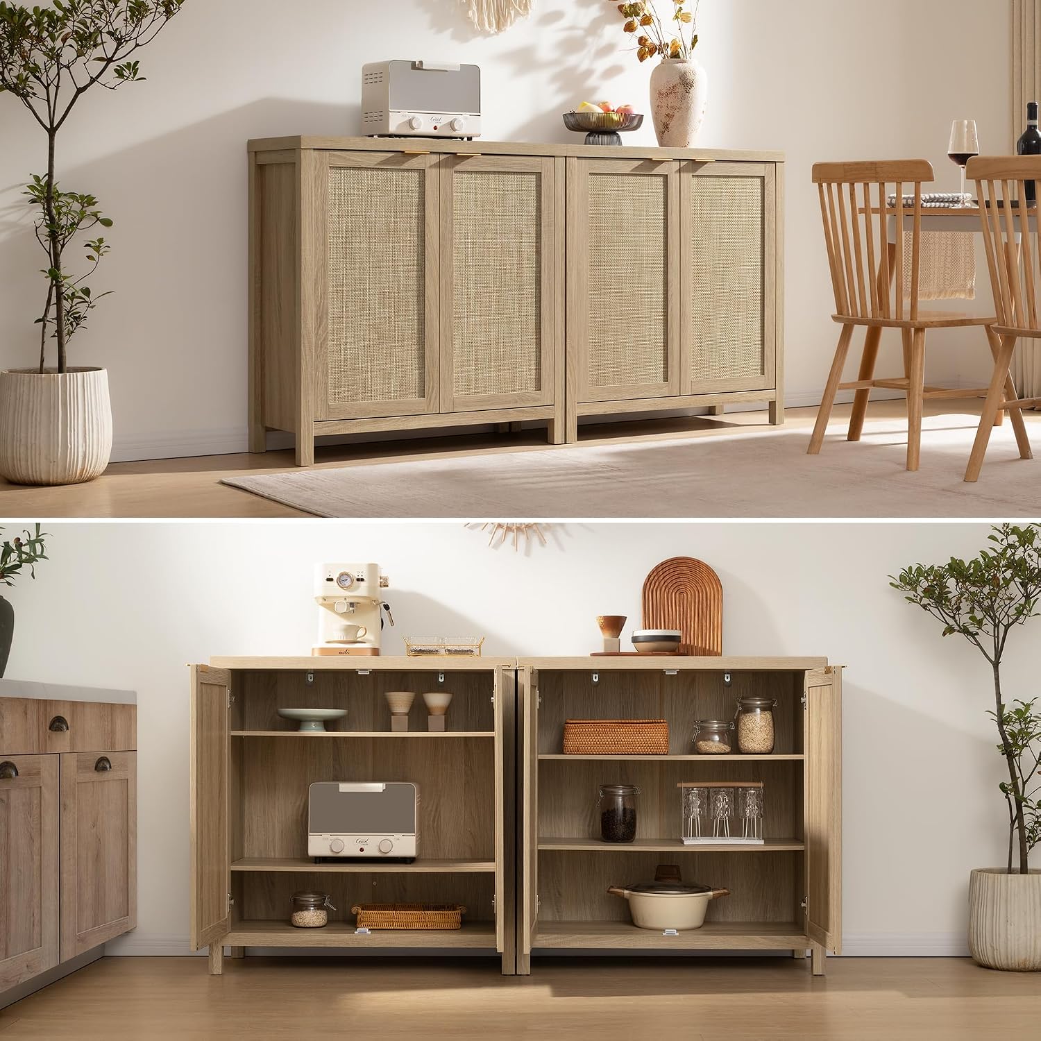 SICOTAS Sideboard Buffet Cabinet with Large Storage : Rattan Boho Credenza | Farmhouse Coffee Bar Storage Cabinet with Adjustable Shelves, Rattan Doors, Buffet Table for Kitchen Living Room Hallway