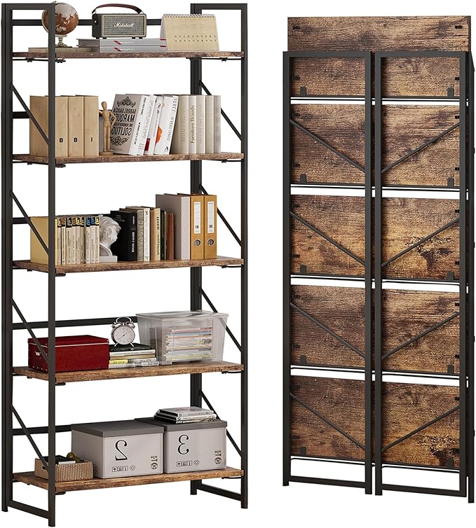 JSB No Assembly Folding Bookshelf, 5 Tier Industrial Metal Book Shelf by HomeFurniture