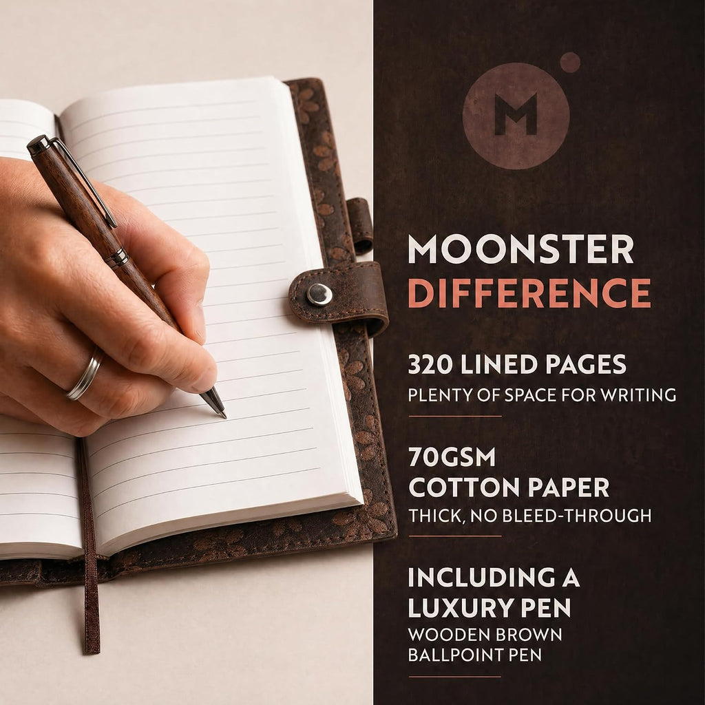 moonster Floral Leather Journal for Women – Rustic Daisy Design Diary with Refillable pages – Leather Notebook for Daily Creative Writing, Work & Travel – Ideal Gift for Women – A5, 320 Lined Pages