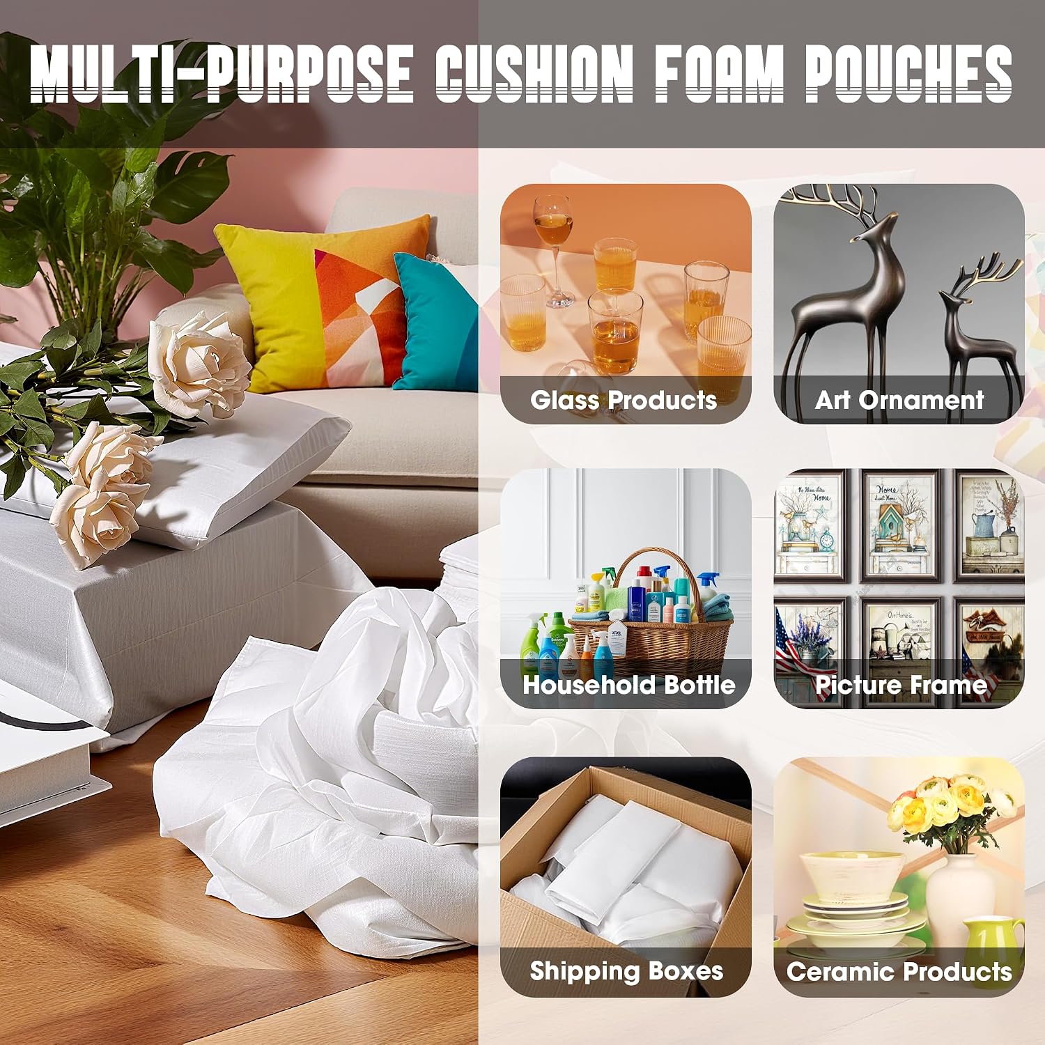 EPHECH 100PCS 12" x 12" Cushion Foam Pouches for Moving & Packing | Double-Layer PO Films Foam Pouches | Reusable Cushion Bags for Moving, Shipping, Dishes, Books, Frames & Fragile Items