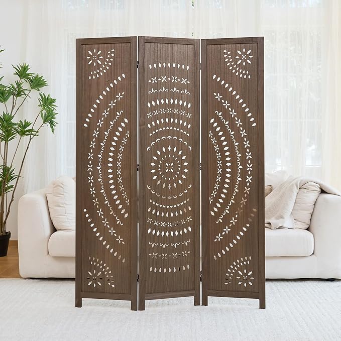 66.9Inch Folding Room Divider, 3 Panels Wood Carved Privacy Screens, Free - Image 8