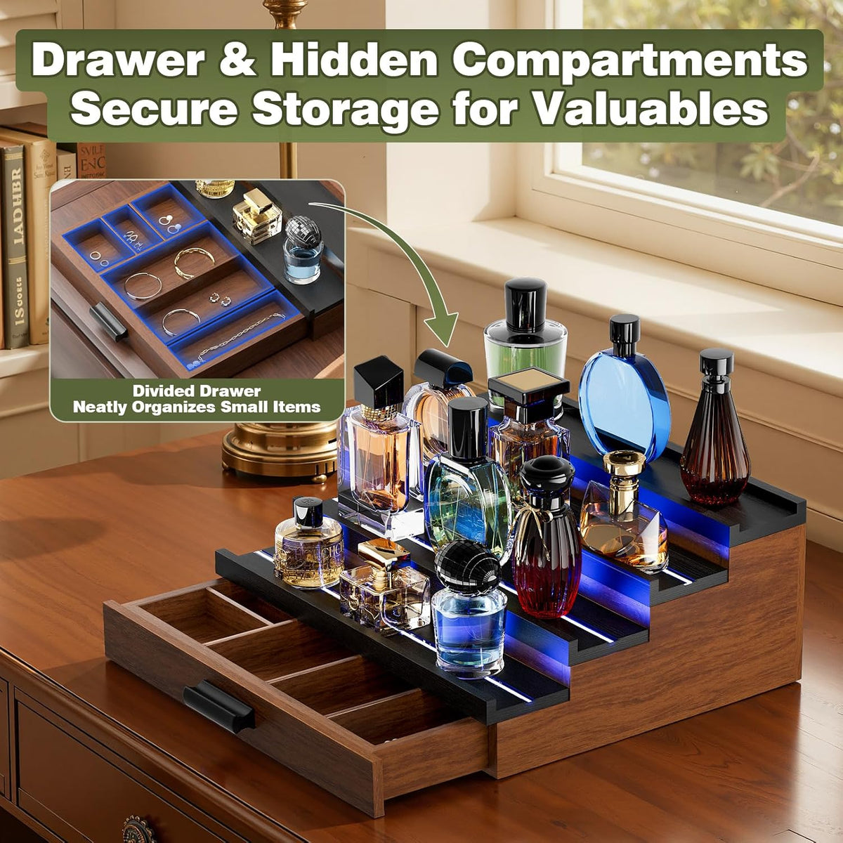 Perfume Cologne Organizer for Men: with LED Light 4 Tier Wooden Perfumes Stan...