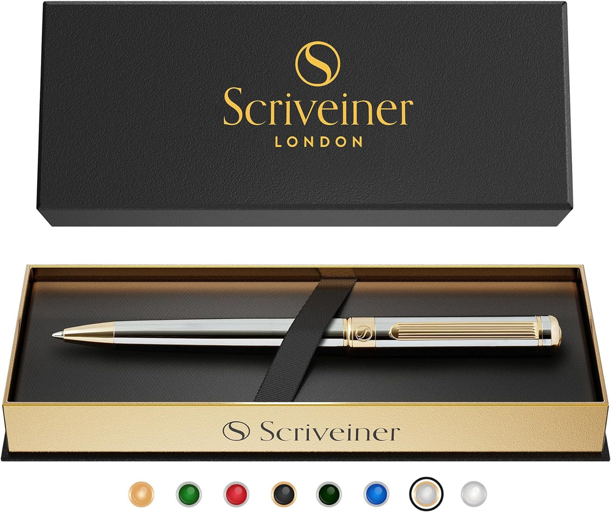 Scriveiner Silver Chrome Ballpoint Pen - Stunning Luxury Pen, Real Gold Plati...