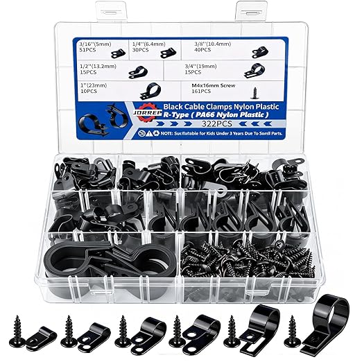JORREP 322PCS Black Cable Clips R-Type Nylon Wire Clips Assortment Kit 6 Sizes by JORREPHardware