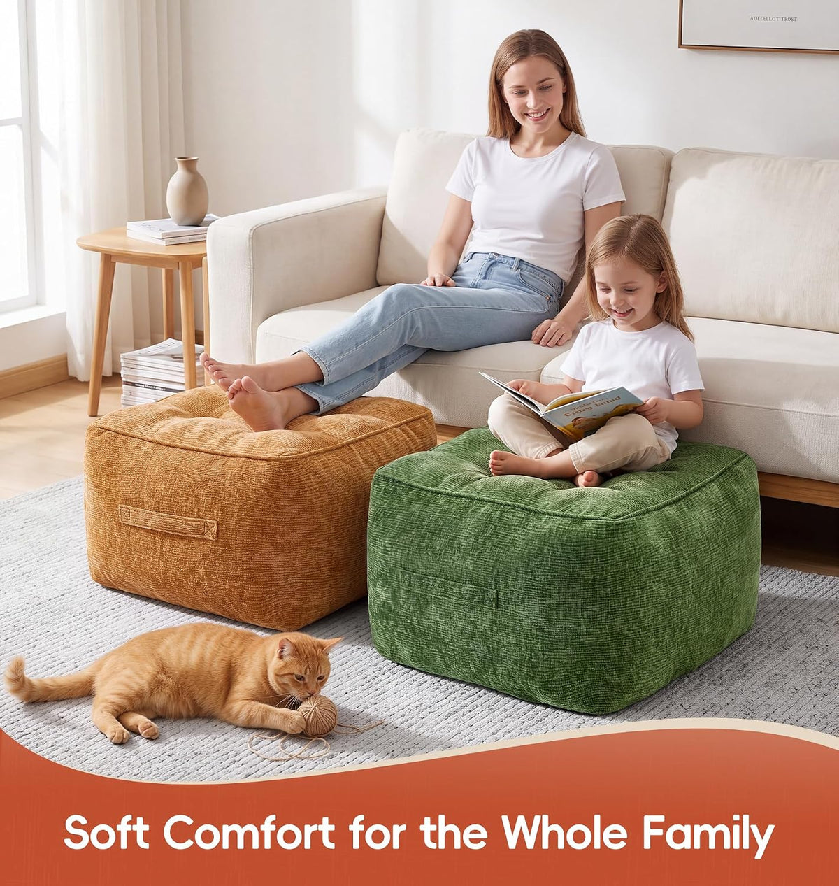 Hobestluk Pouf Ottoman Foot Rest Chenille Square Small Ottoman, Brown