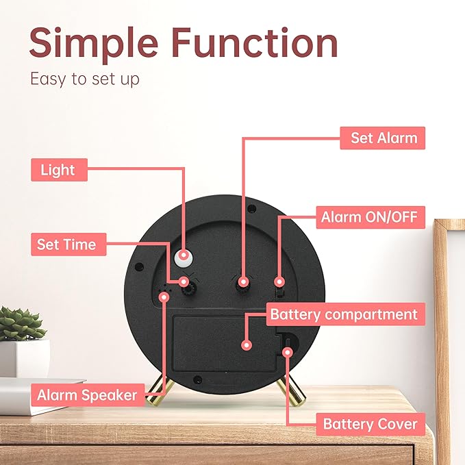 Analog Alarm Clock, 4 inch Super Silent Non Ticking Small Clock - Image 6