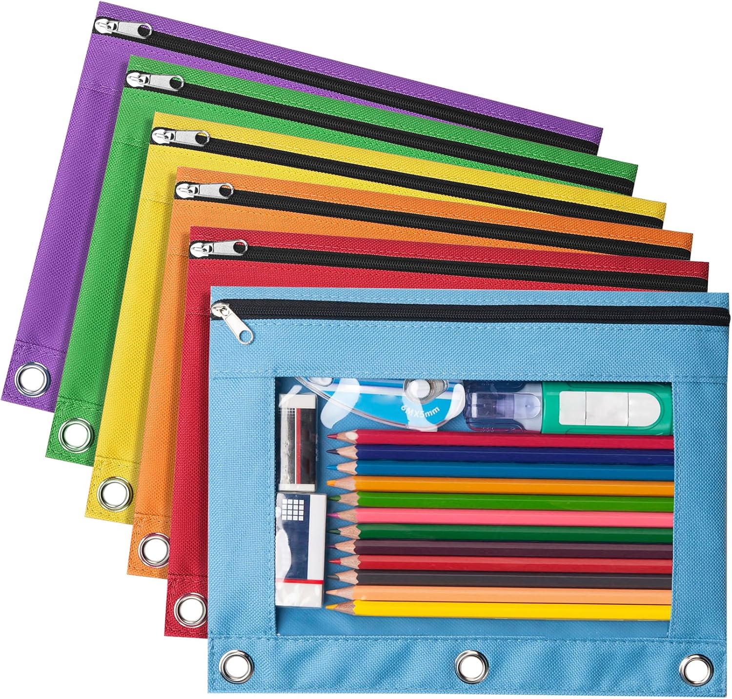 Forvencer 6 Pack Pencil Pouches for 3 Ring Binder, Smooth Zipper Pencil Bag | Pencil Pouch, Multi-Color Pencil Case for Binder, Clear Top Binder Pencil Pouch, Pencil Bag with 3 Re-enforced Grommets