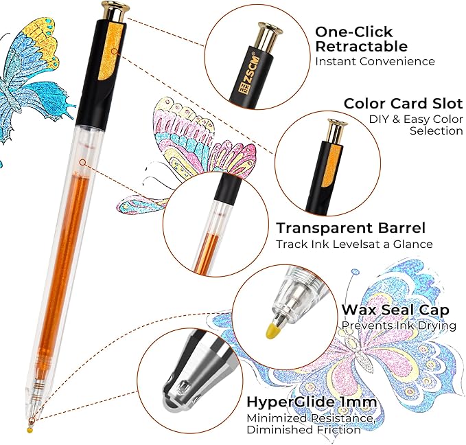 ZSCM Retractable Super Glitter Gel Pens, 24 Colors Large Capacity Metallic - Image 2