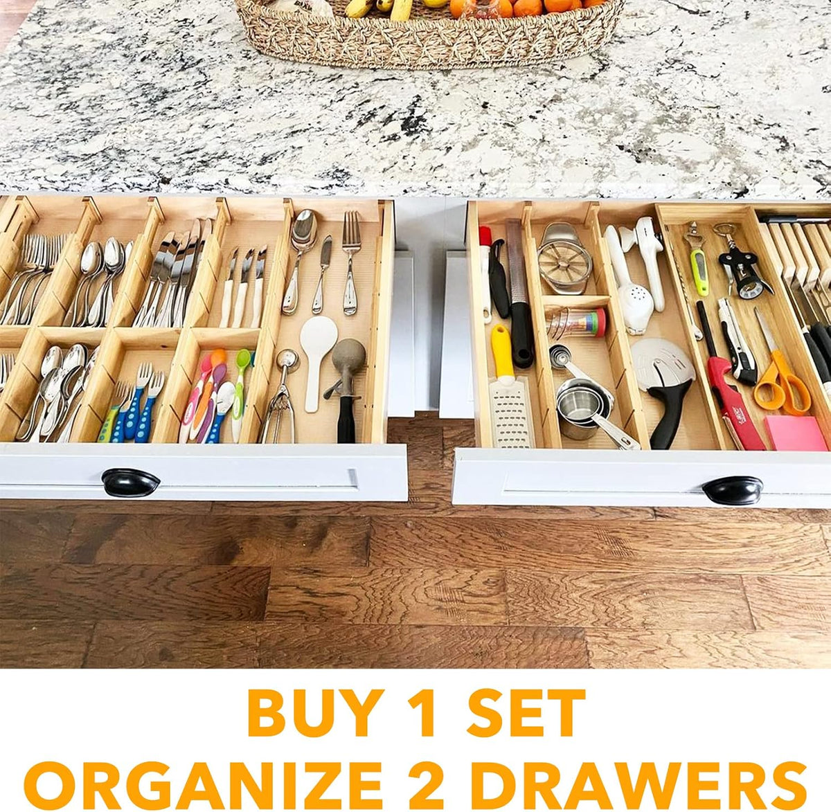 SpaceAid Bamboo Drawer Dividers with Inserts and Labels, Kitchen Adjustable D...