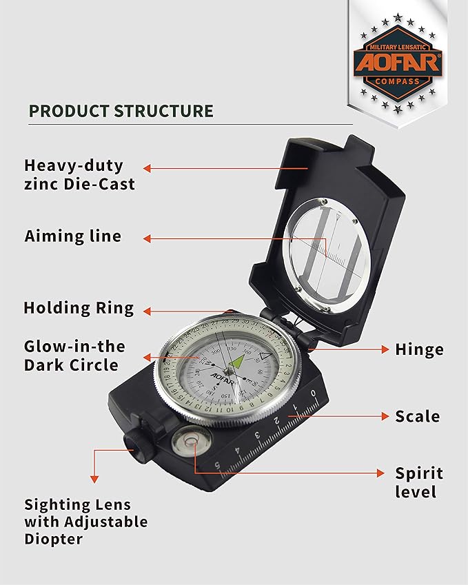 AOFAR Military Compass, AF-4580 Lensatic Sighting, Waterproof and Shakeproof - Image 2
