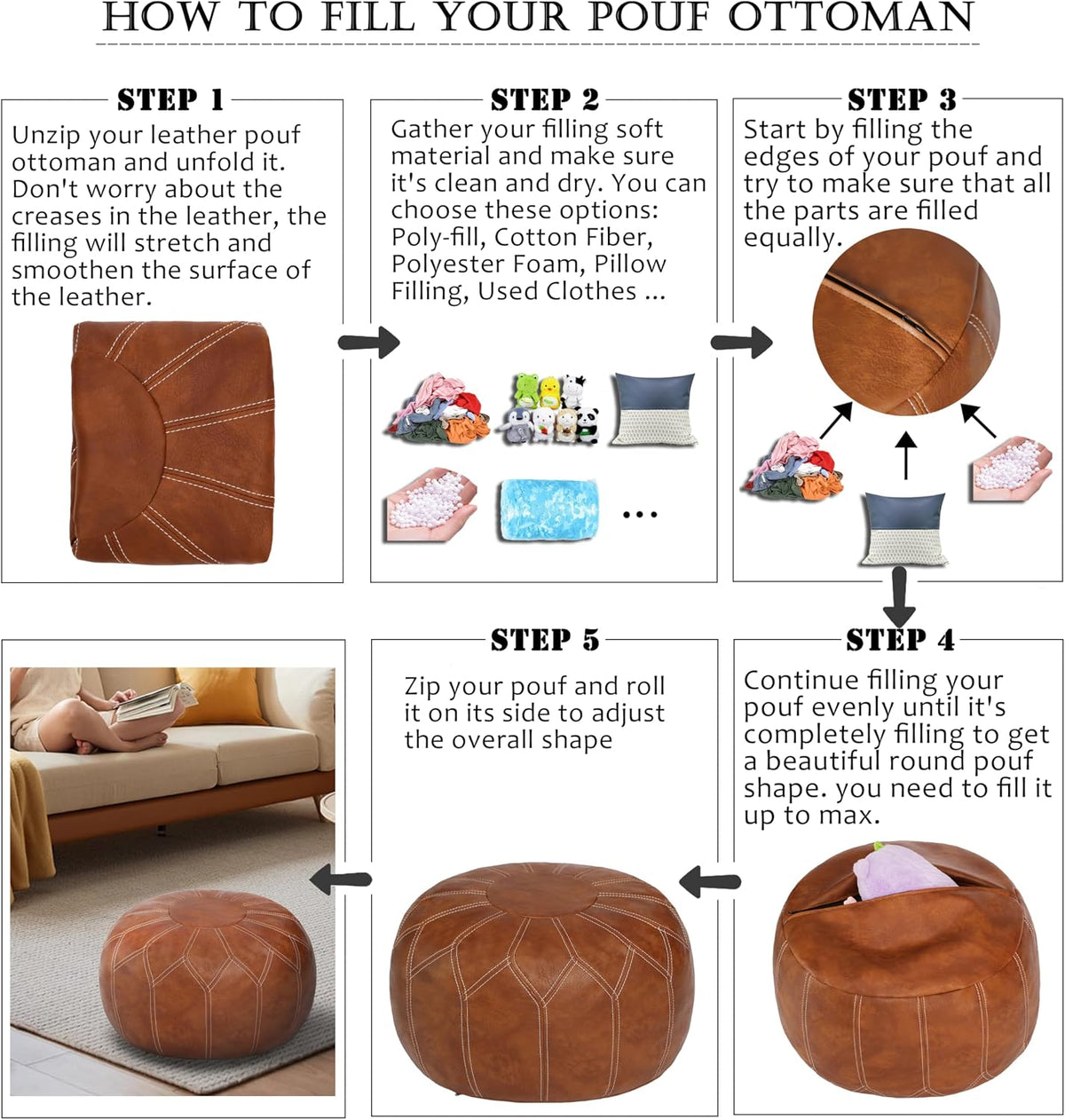 Thgonwid Unstuffed Moroccan Faux Leather Pouf Ottoman Cover with Storage - Bo...