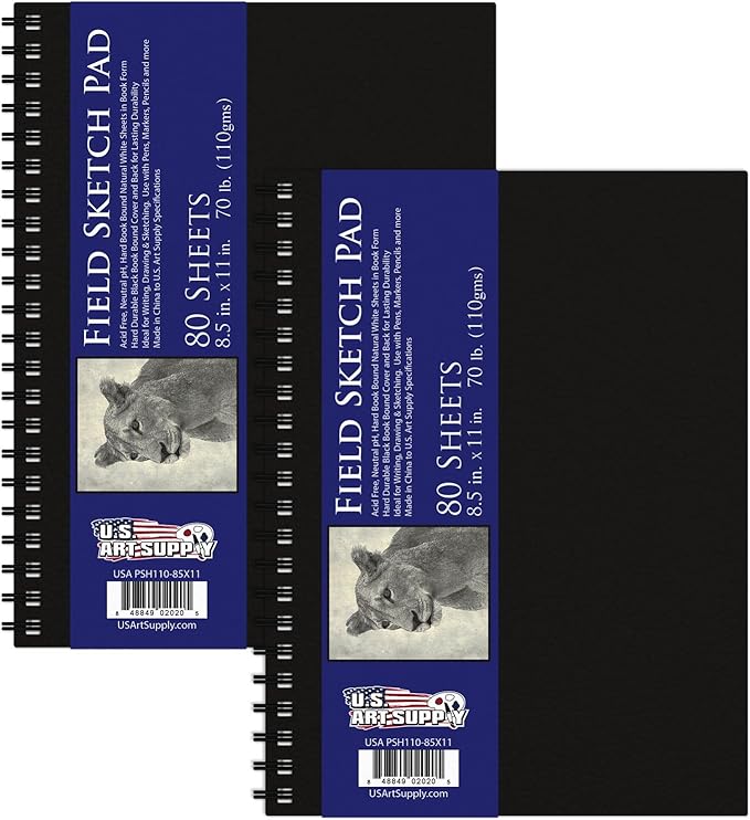 U.S. Art Supply 8.5" x 11" Premium Hardbound Sketch Book, 2 Pack, 80 Sheets Each by USArtSupply
