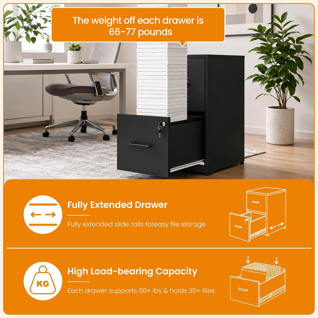 2 Drawer File Cabinet with Lock, Metal Vertical File Cabinets for Home Office, Office Furniture for Organization Hanging Legal/Letter/A4, Office File Cabinet Storage Cabinet, Require Assembly, Black | Black Steel Locking Vertical File Cabinet, Hanging