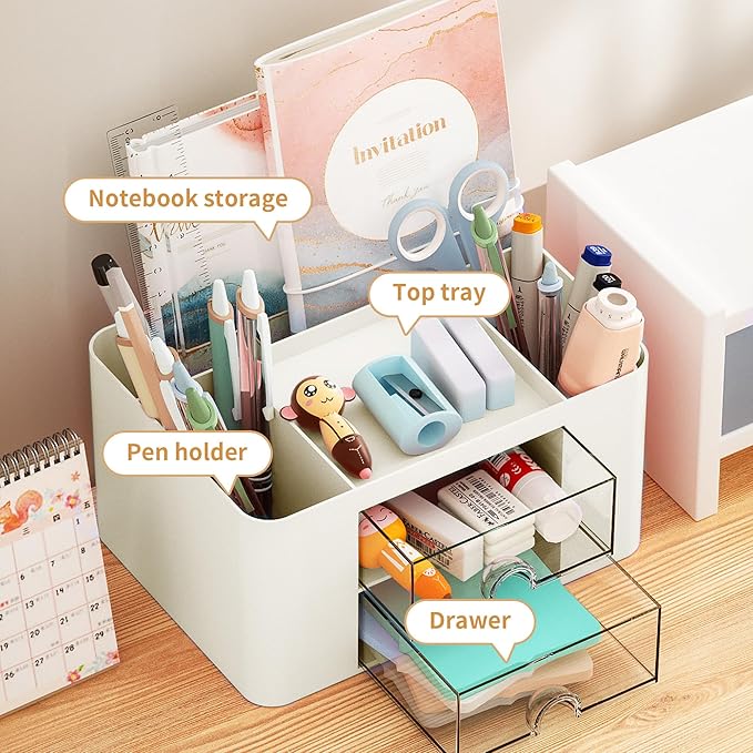 Marbrasse Pen Organizer with 2 Drawer, Desk Organizers and Accessories with 5 - Image 2