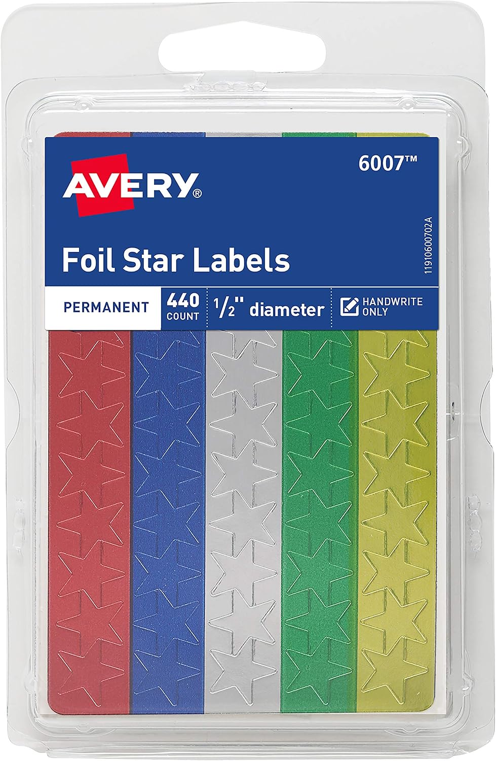Avery® Foil Star Labels, 1/2", Assorted Colors, Non-Printable, 440 Star Stickers Total (6007)