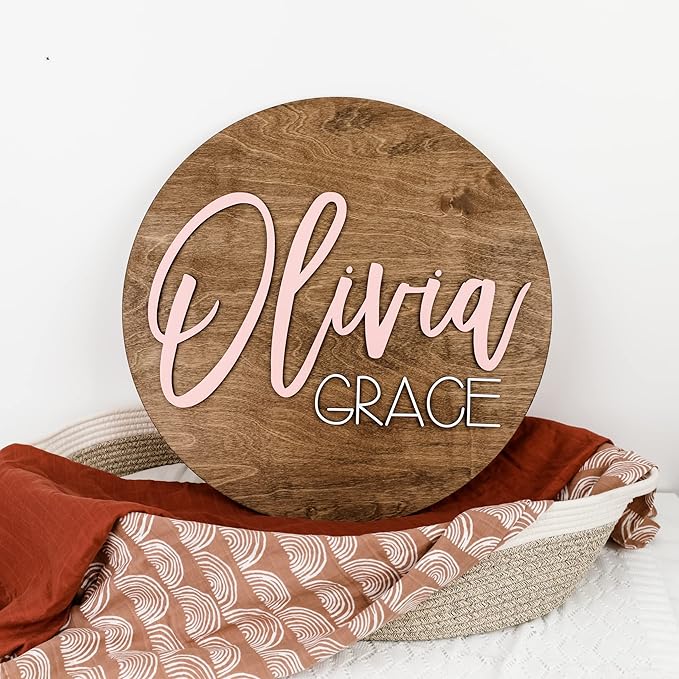 Custom Round Nursery Name Sign, Personalized Wooden Wall Plaque, Baby Shower - Image 2