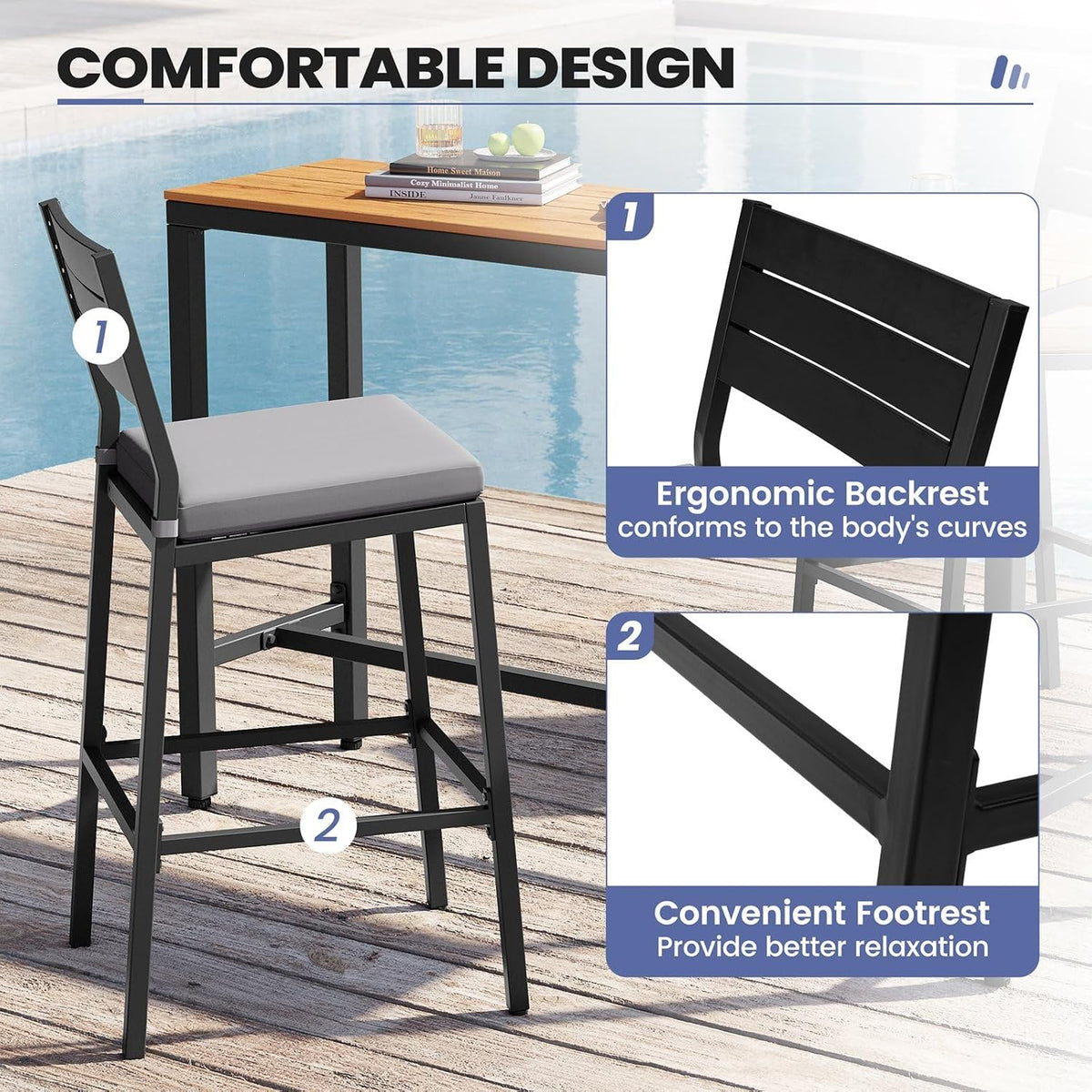 26.8"Outdoor/ Indoor Counter Height Bar Stools Set of 2 with Backrest