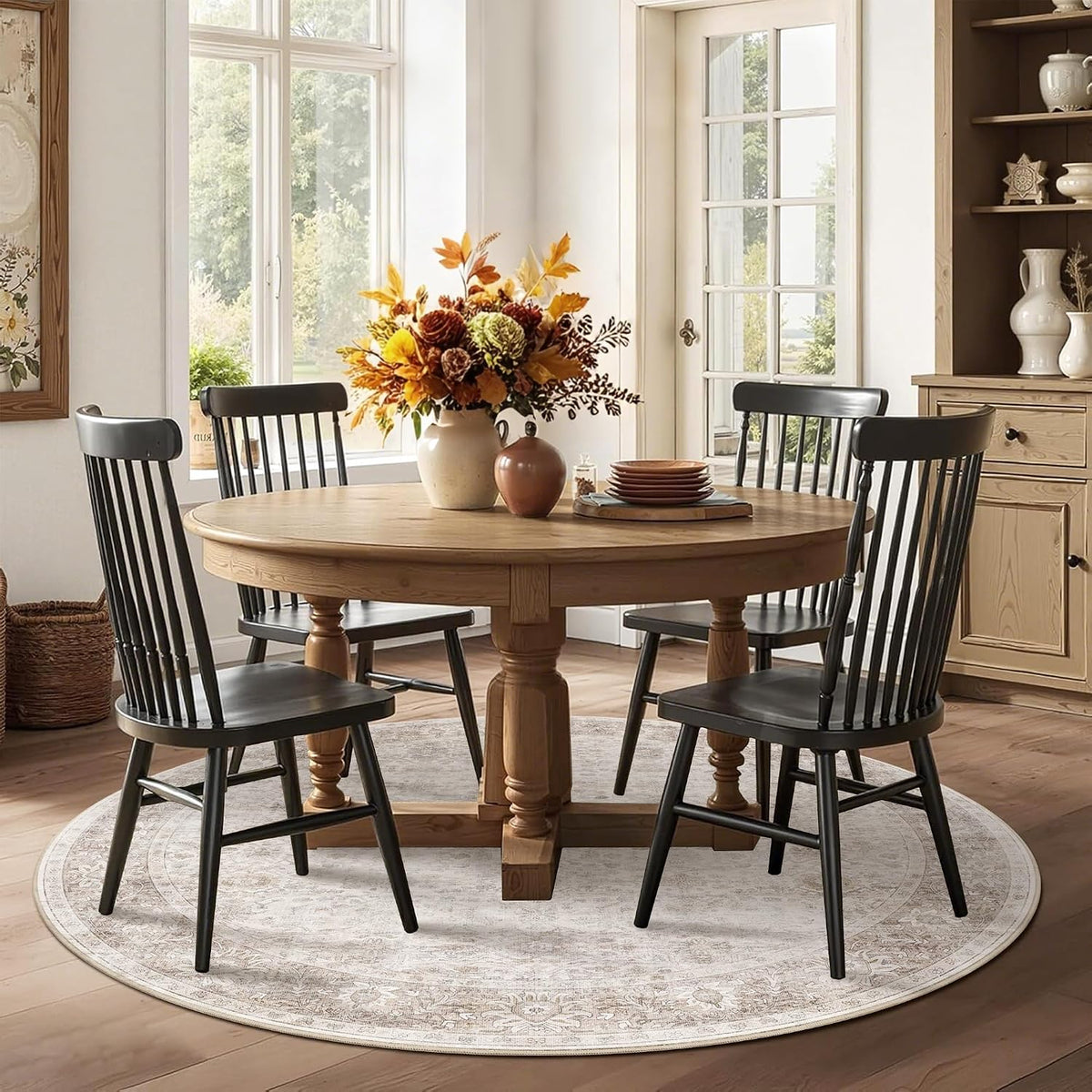 Round Rug 6ft Neutral Vintage Washable Circle Rug for Entryway Kitchen