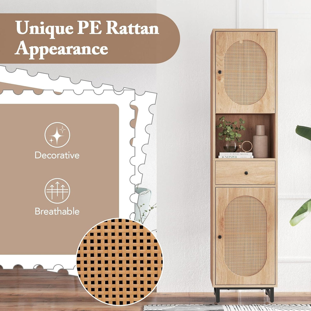 GIANTEX 67" Tall Bathroom Cabinet, PE Rattan Storage Cabinet with 2 Door...
