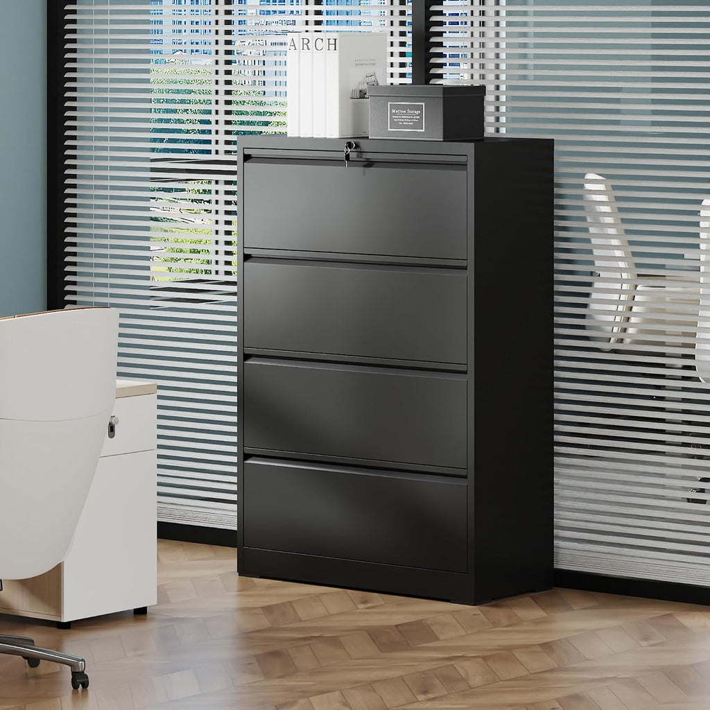 4-Drawer Office File Cabinet, Home Desk Organizer, Lateral File Cabinet with Lock – Heavy-Duty Metal, Filing Cabinet for Home Office, Wide Storage for Letter/Legal/A4/F4, Full-Extension Quiet Slides
