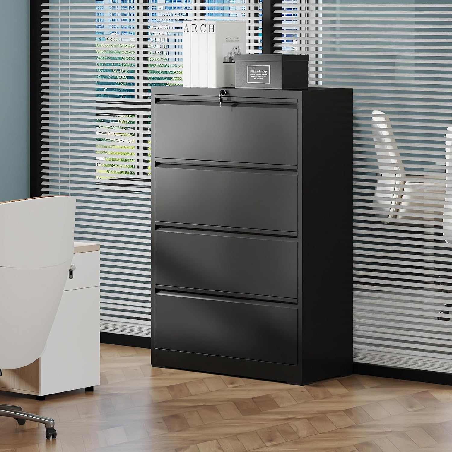 4-Drawer Office File Cabinet, Home Desk Organizer, Lateral File Cabinet with Lock – Heavy-Duty Metal, Filing Cabinet for Home Office, Wide Storage for Letter/Legal/A4/F4, Full-Extension Quiet Slides