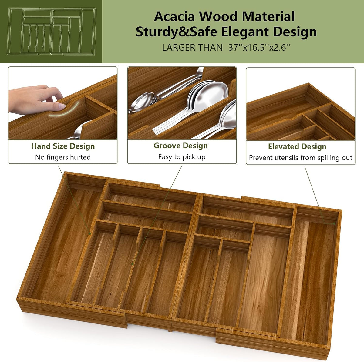 Suli Extra Large Silverware Drawer Organizer,Expandable 22in to 37in,Acacia