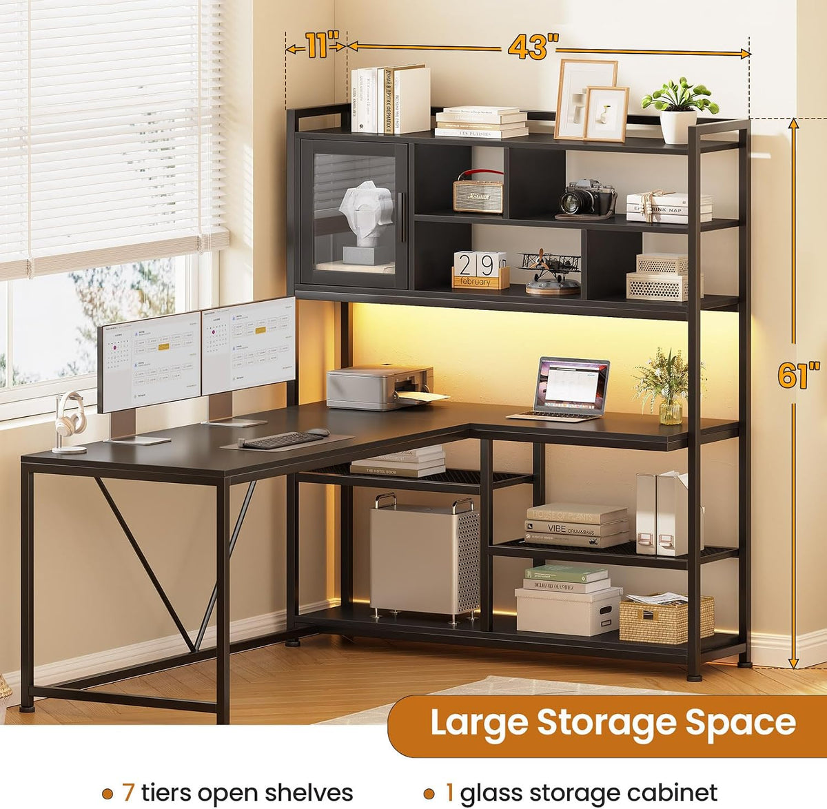 SEDETA L Shaped Computer Desk with Storage Shelves and Bookshelf, Black