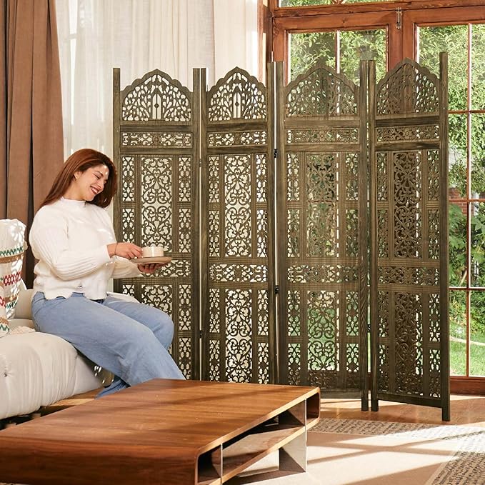 5.75Ft Room Divider Wood Screen, 33Lbs Durable Antiqued Style MDF Carved - Image 9