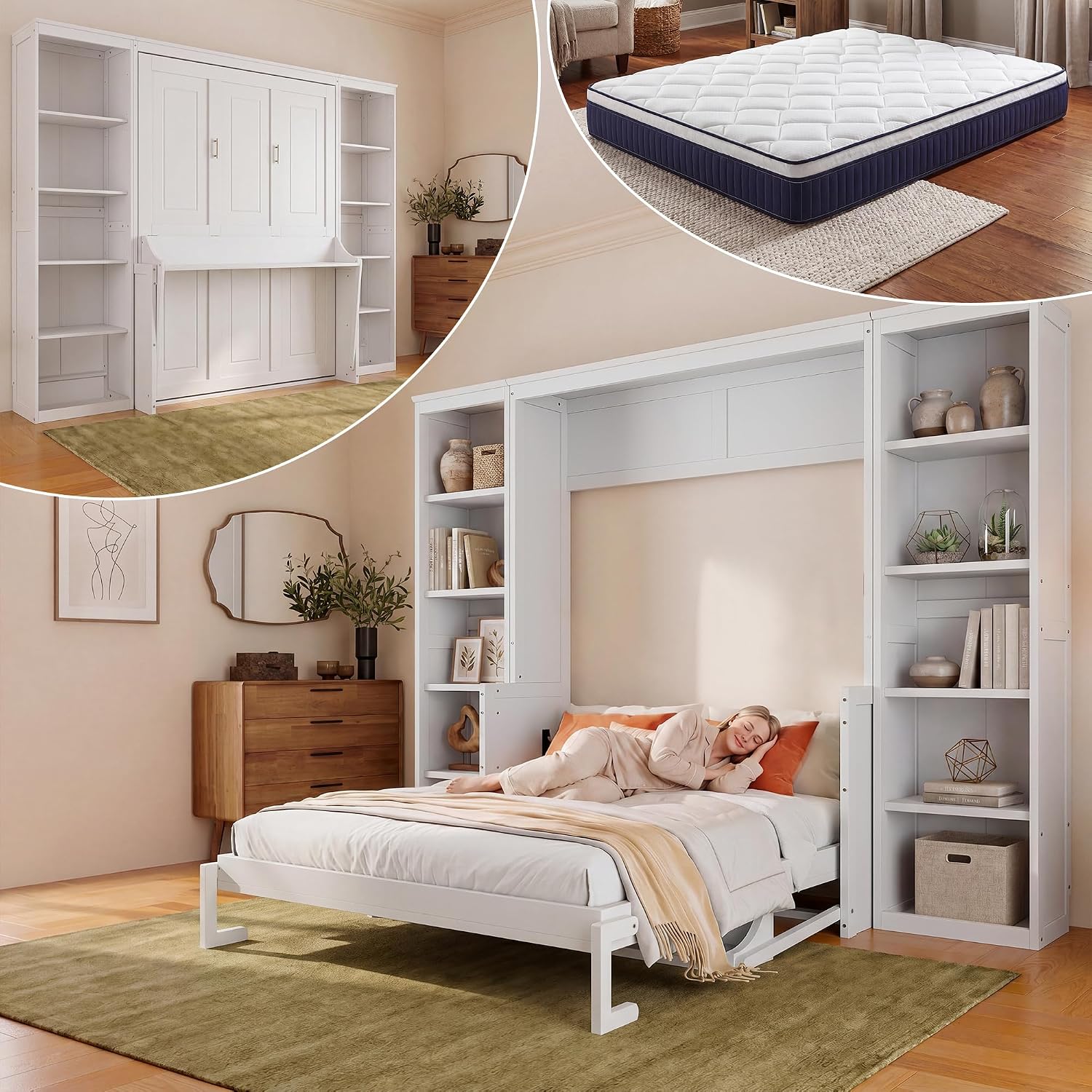 Olela Murphy Bed Queen Size with Mattress Desk and Bookcase, Vertical Murphy Wall Bed Cabinet Desk and Bookshelf Storage Combo, Space Saving Hideaway Beds for Home Office Guest Room, White