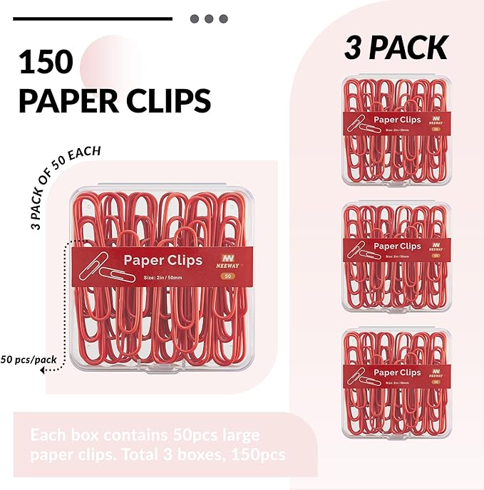 NEEWAY Colorful Large Paper Clips, 2 Inch Jumbo Paper Clips, 3 Pack of 50 - Image 3