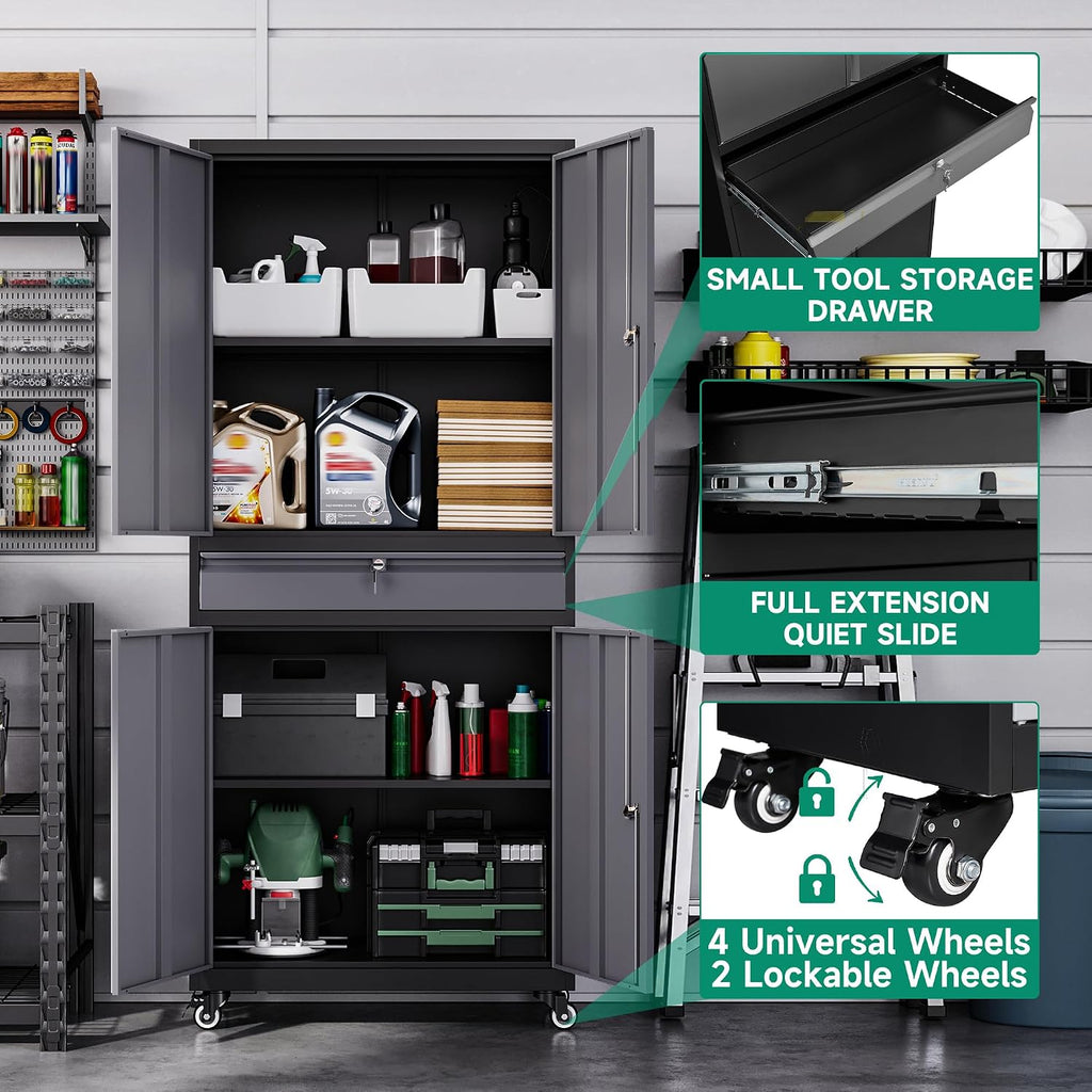 letaya metal garage storage cabinet with wheels,72” rolling, side view