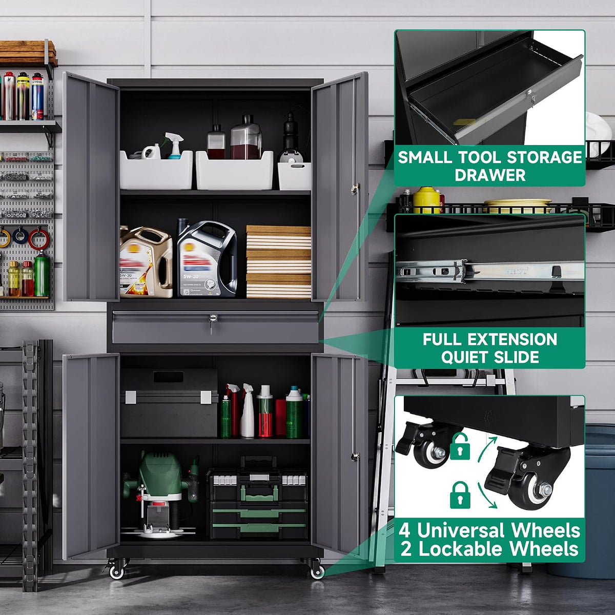 letaya metal garage storage cabinet with wheels,72” rolling, side view
