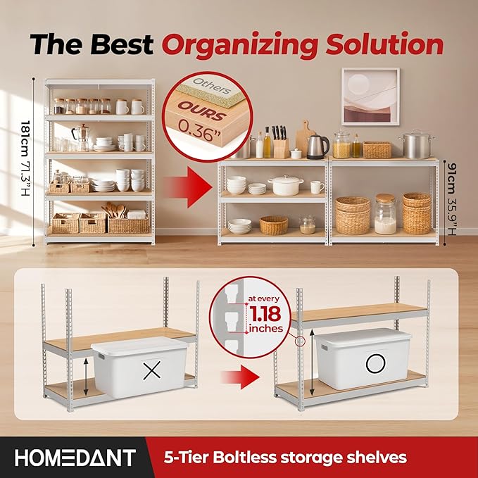HOMEDANT 47.7" W 5 Tier Heavy Duty Garage Shelving Adjustable Metal Rack - Image 3