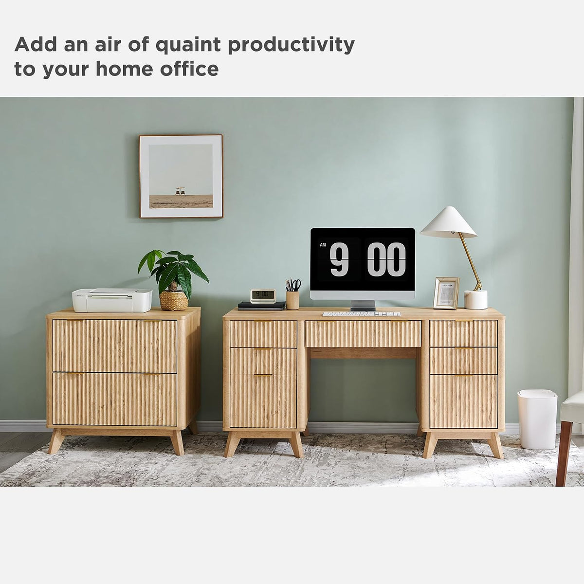 T4TREAM 60-Inch Modern Fluted Executive Desk with Drawers, Natural Oak