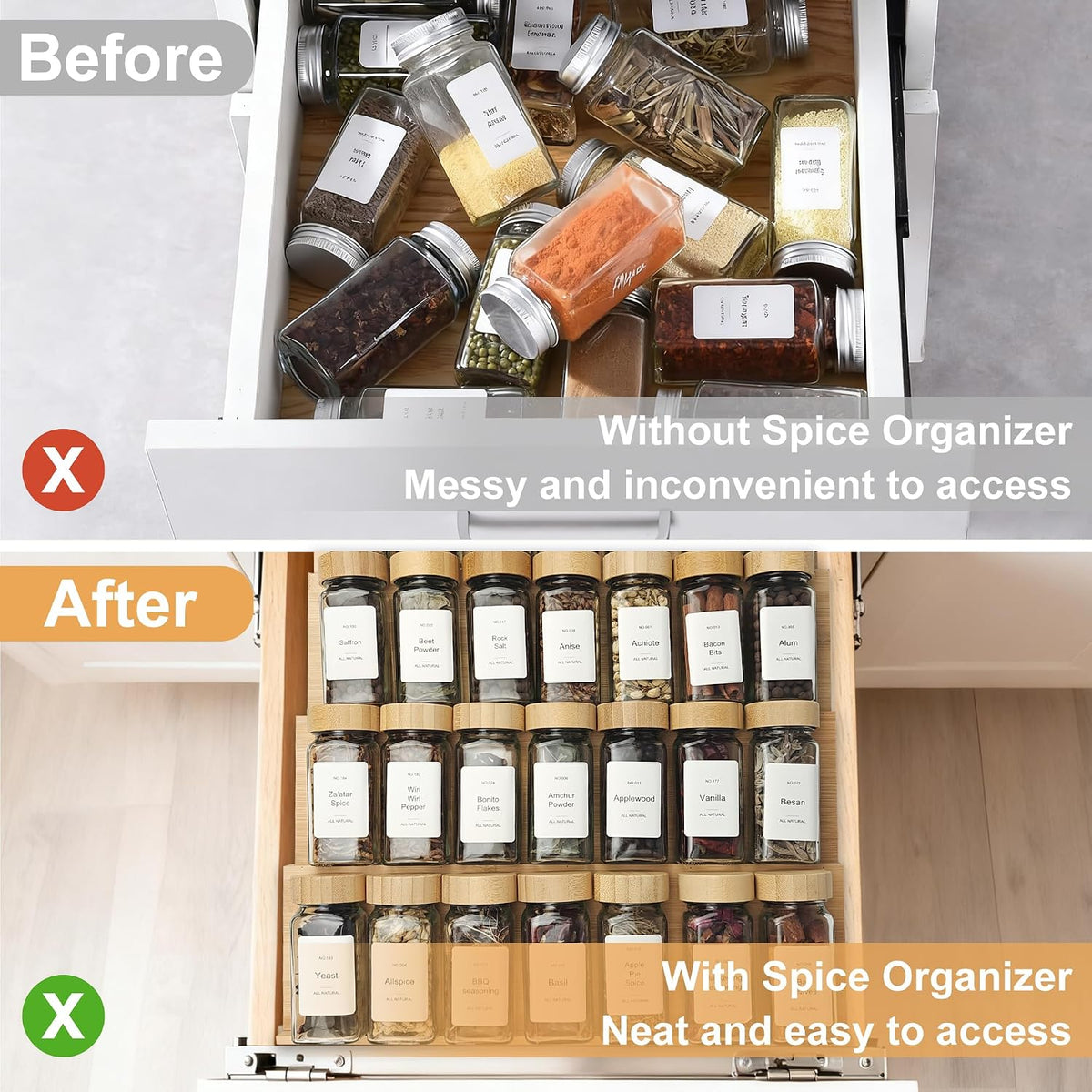 Spice Drawer Organizer with 24 Bamboo-lidded Spice Jars,216 Labels,25 Non-sli...