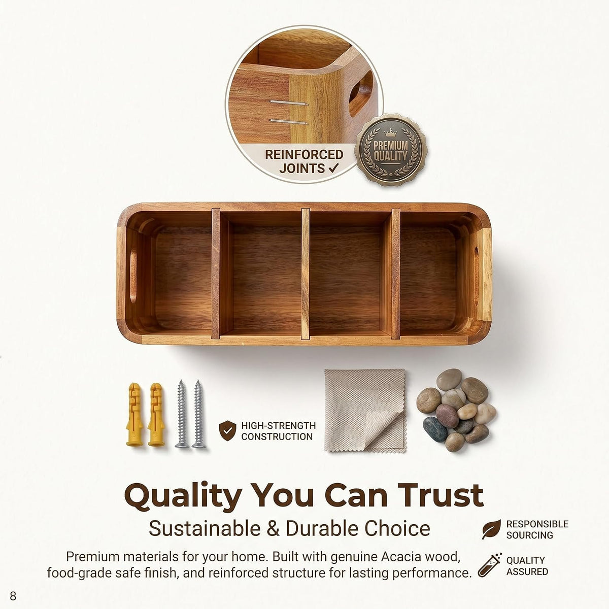 FUSHITON Extra Large Acacia Wood Utensil Caddy, 4 Compartment Rustic Countert...