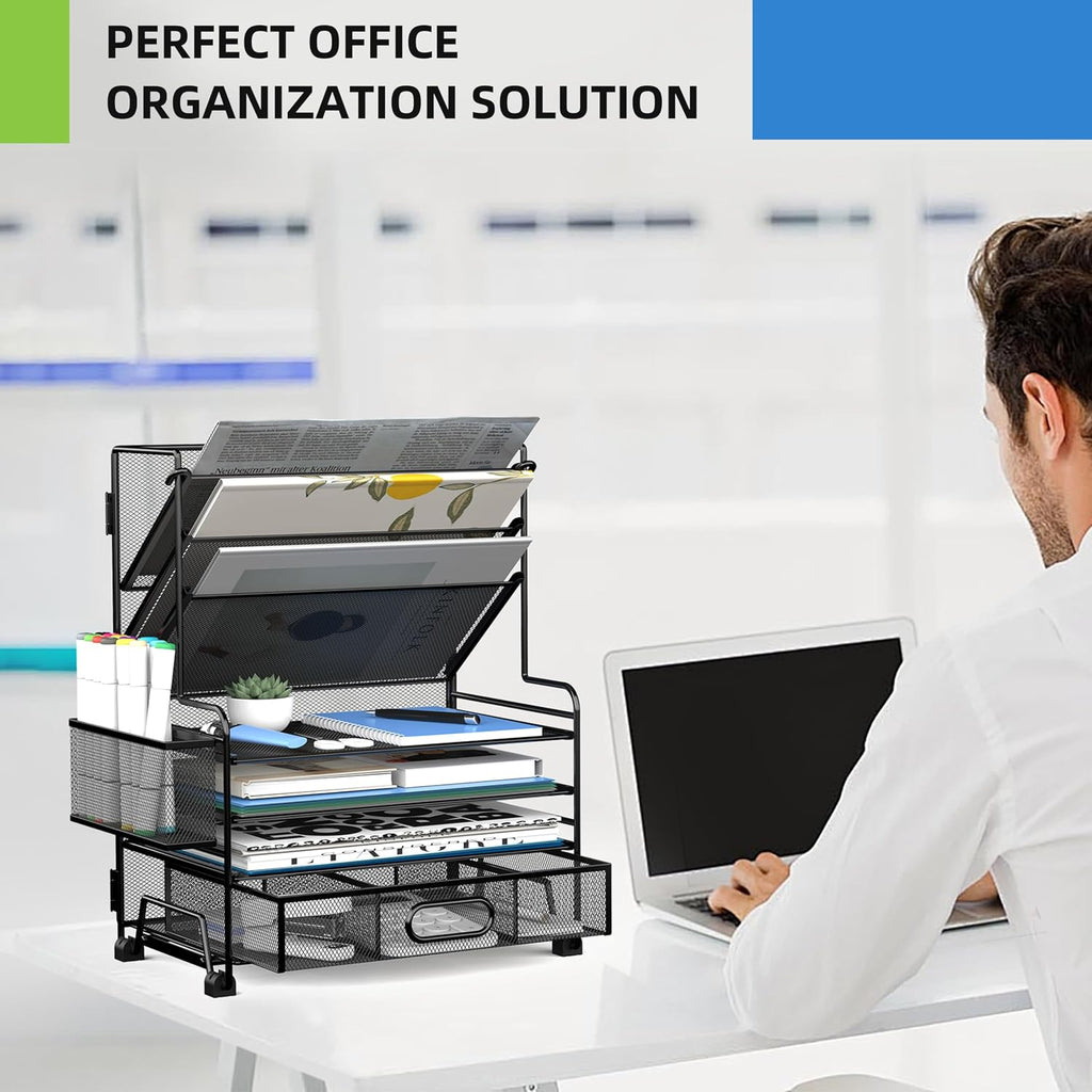 mindepot 4-tier paper organizer + 3-pocket file holder showing dimensions