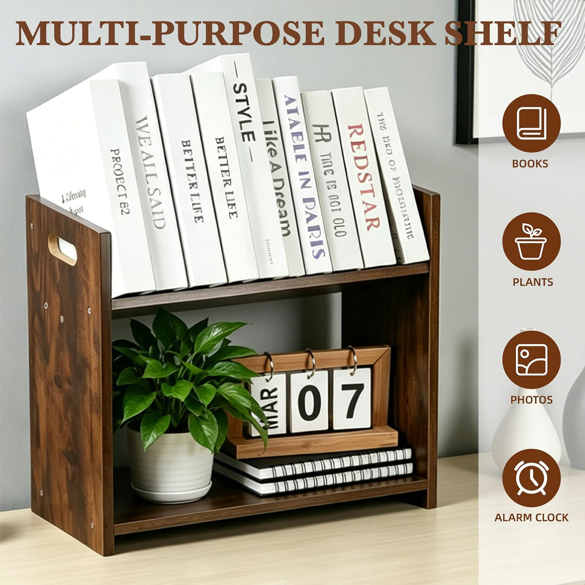 Desktop Bookshelf, 2 Tier Desk Shelf Organizer, Wood Office Tabletop Bookcase...