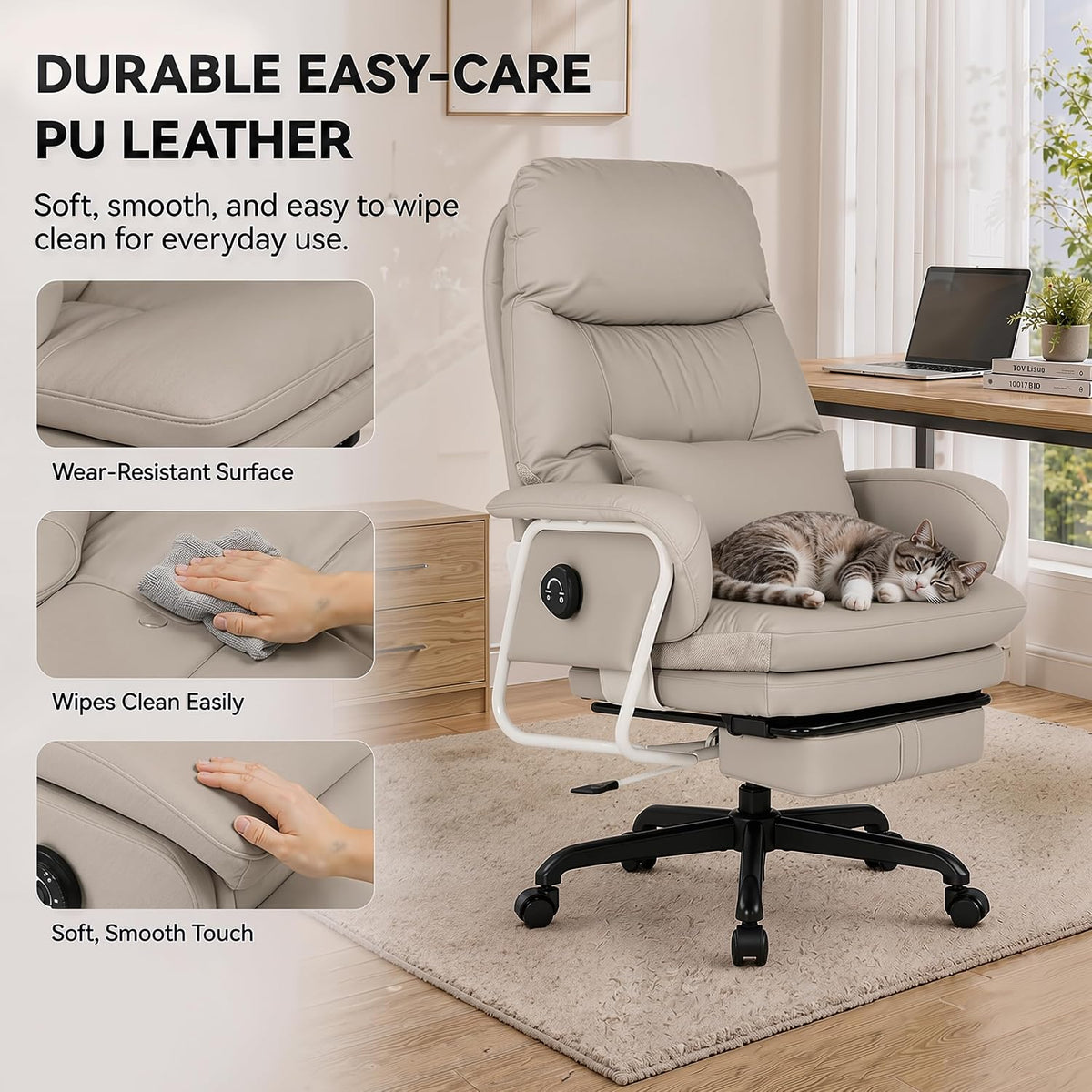 180° Reclining Office Chair with Footrest, PU Leather, Gray