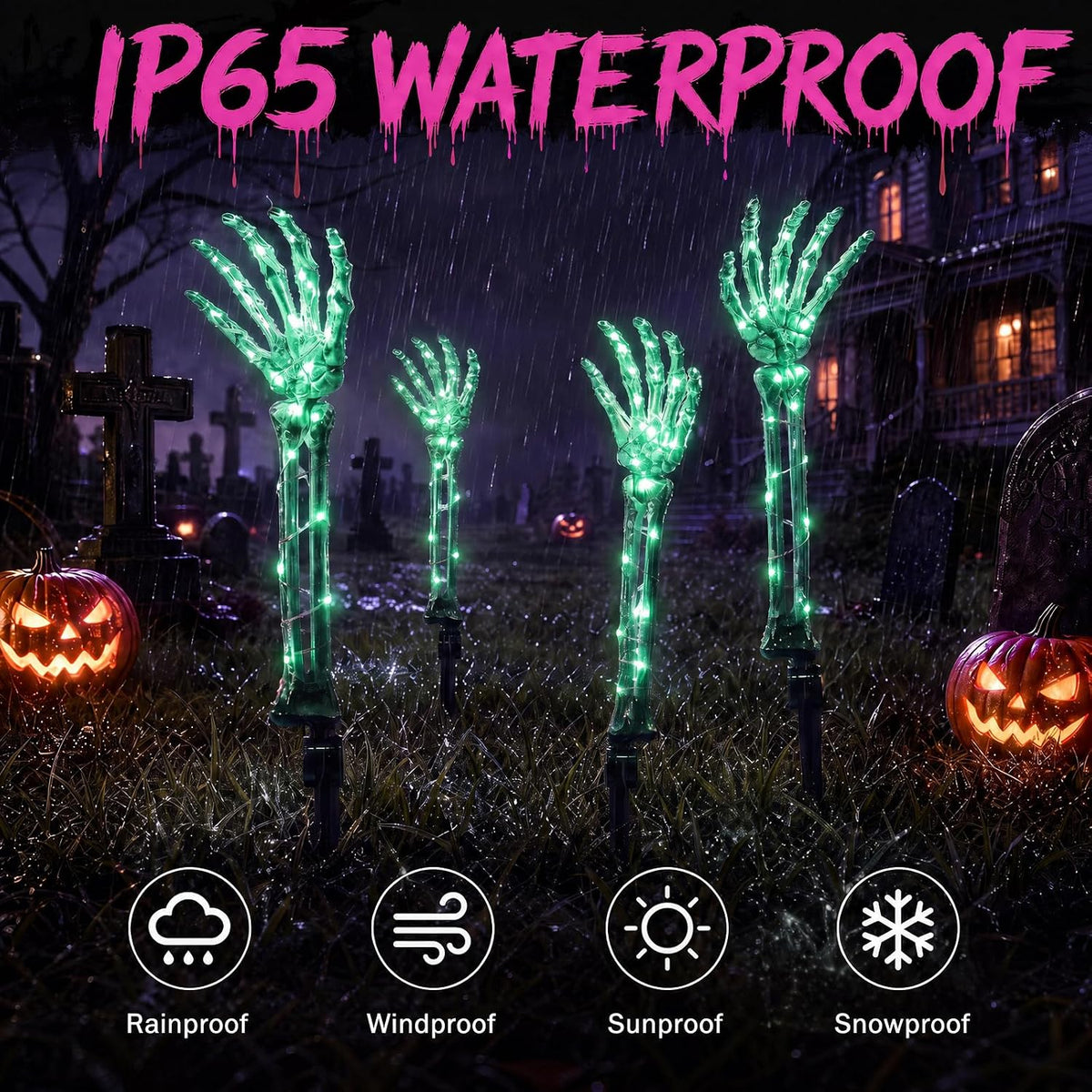 Halloween Skeleton Arm Stakes 4‑Pack, 160 Green LED Battery‑Powered Lights