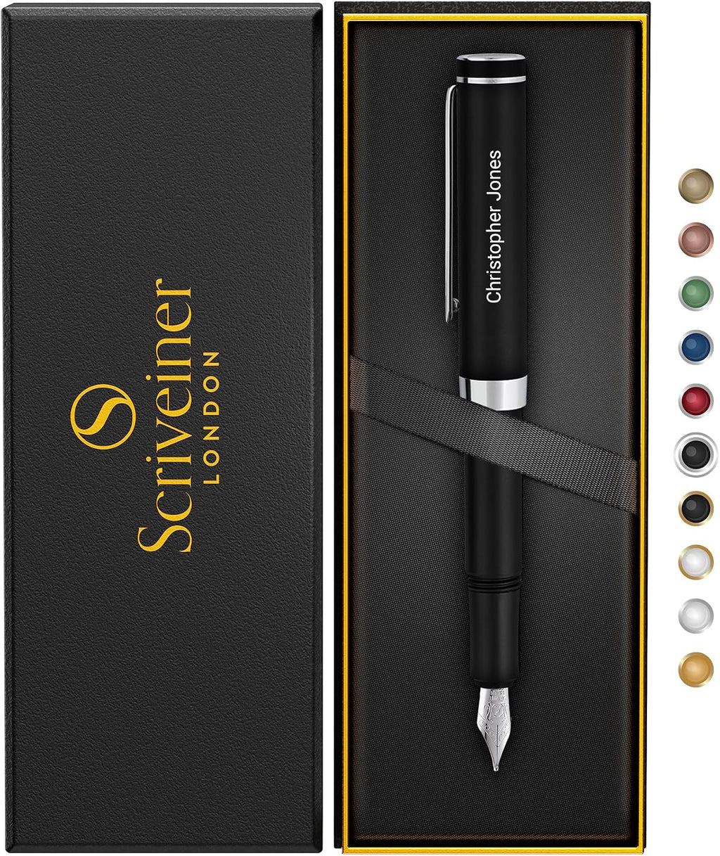 Scriveiner Personalized Luxury EDC Fountain Pen, Stunning Matt Black Pocket Pen