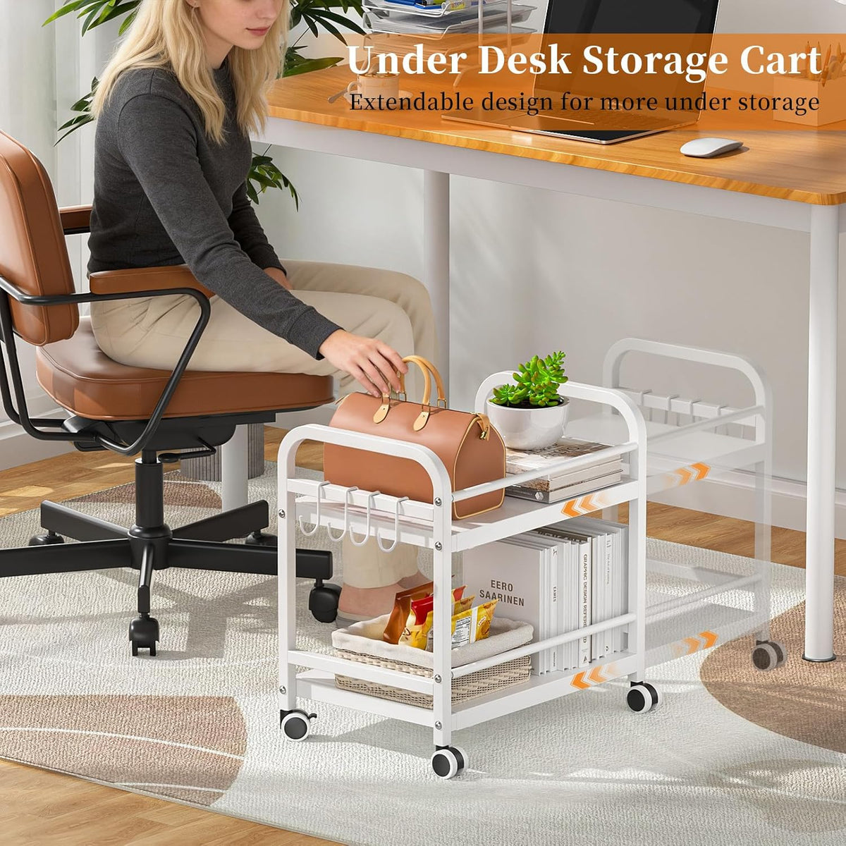 2-Tier Expandable Rolling Cart, Pantry Storage Cart with Wheels, Adjustable R...