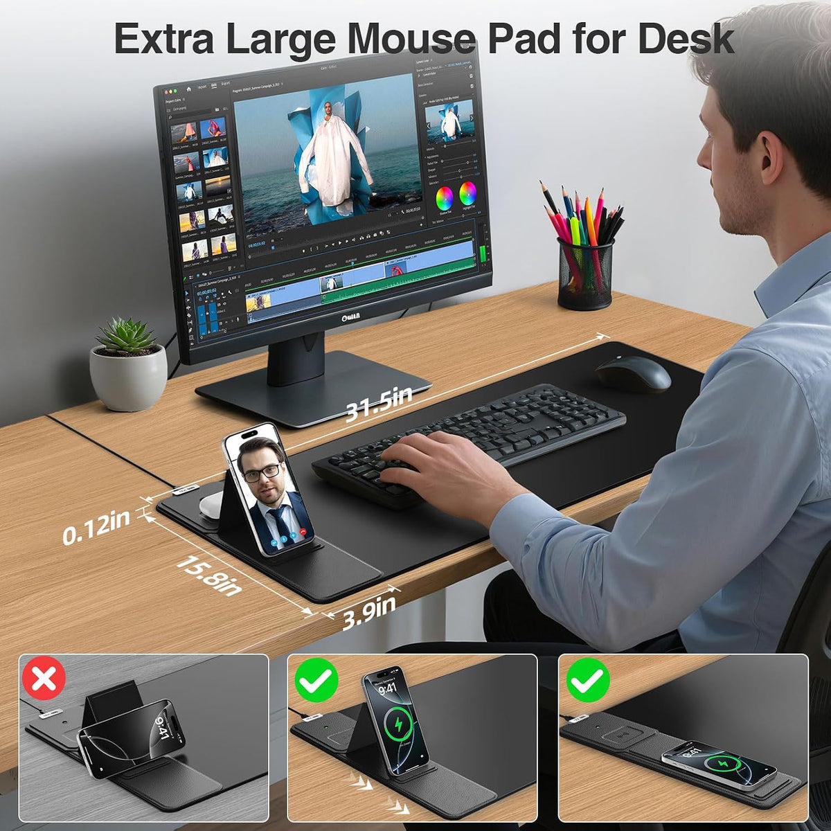 Wireless Charging Mouse Pad with Foldable Phone Holder, 31.5"x15.8"...