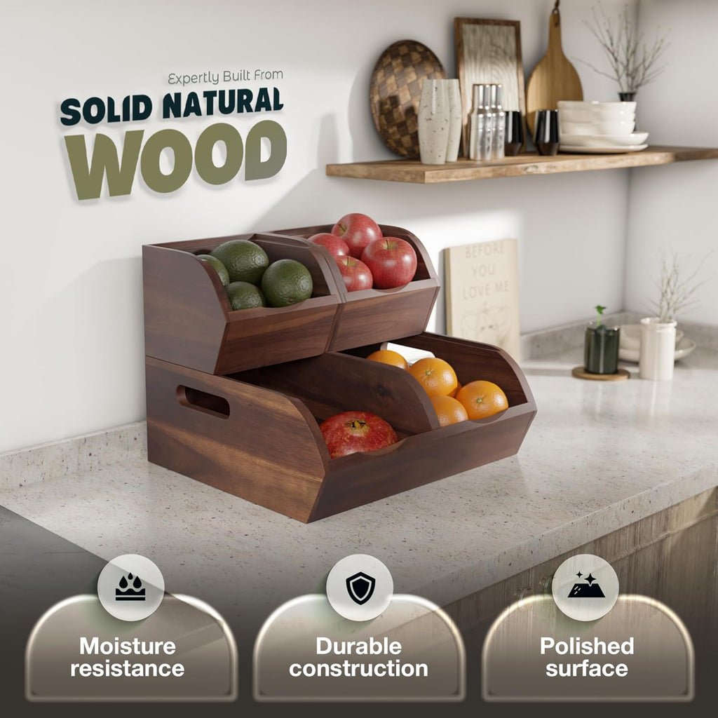 acacia wood pantry storage bins - stackable open shown in use