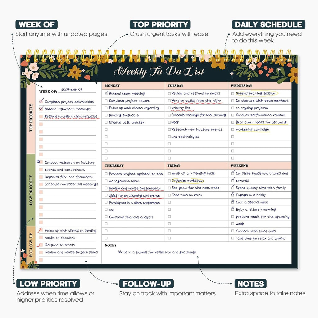 Weekly To Do List Notepad, Undated Weekly Planner Pad, 8.5" x 11" | Large Desk Planner, Weekly Task Planning, College School Supplies, for Home and Office, 52 Sheets, Rustic Floral