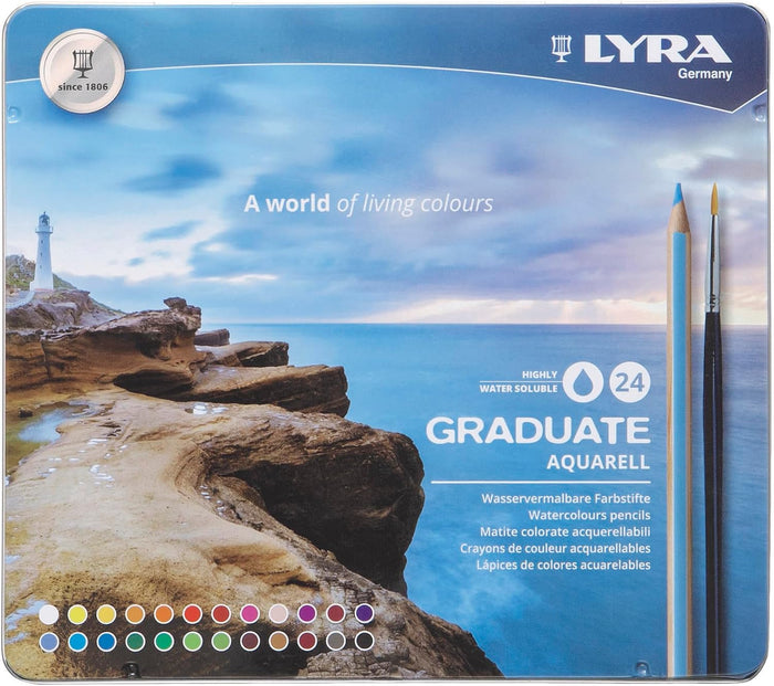 Lyra Graduate Aquarell Watercolor Pencils, 24 Assorted Colors with Brush, Metal Tin (24 Count)