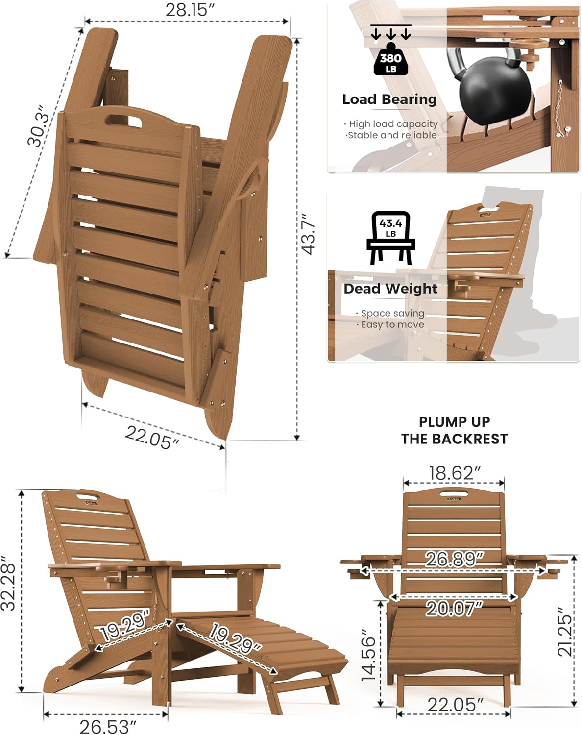 Ciokea HDPE Folding Adirondack Chair with Footrest,Teak,1
